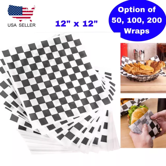 Black & White Checkered Wax Deli Sandwich Wrap Paper Sheets Basket Liner 12x12"