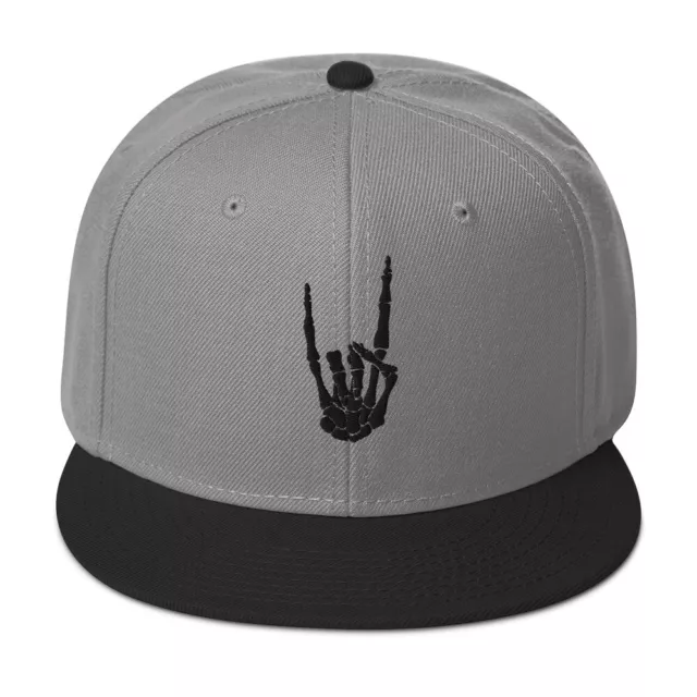 Black Bone Hand Devil Horns Metal Sign Embroidered Flat Bill Cap Snapback Hat