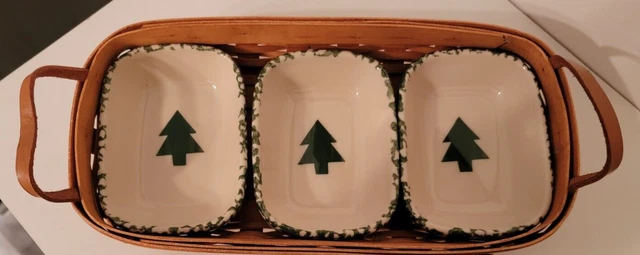 Vintage Henn 12-1/2" Basket w/3 Henn Green Spongeware Pottery Relish Dishes