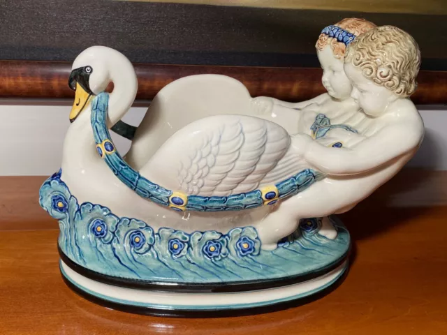 Figürliche Jugendstil Majolika Zierschale "Schwan mit 2 Putten", Max Heinze 1911 3