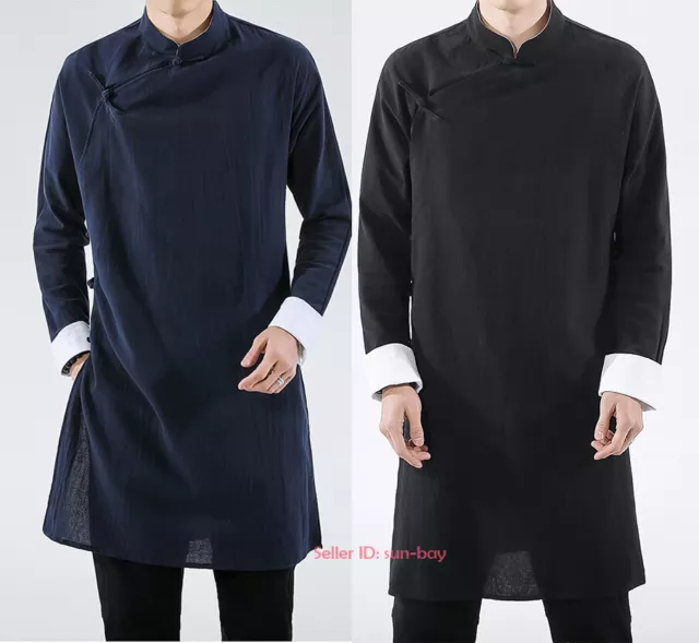 Mens Chinese Cotton Tang Suit Long Coat Kung Fu Tai Chi Wing Chun Uniform Tops