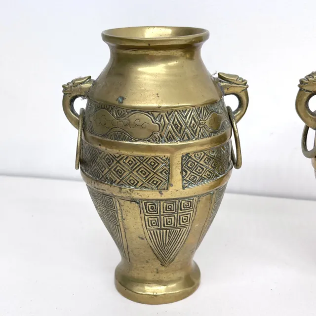 Pair Vintage Chinese Brass Vases, Engraved Double Handled, Heavy Design 2
