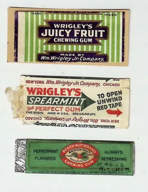 1935 Chewing Gum Wrappers Juicy Fruit ,Wigley's , Beach Nut