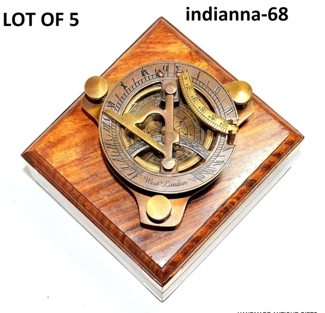 Antique Marine Brass 3 Inch Sundial Nautical Compass With Wood Box LOT OF 5 PCS