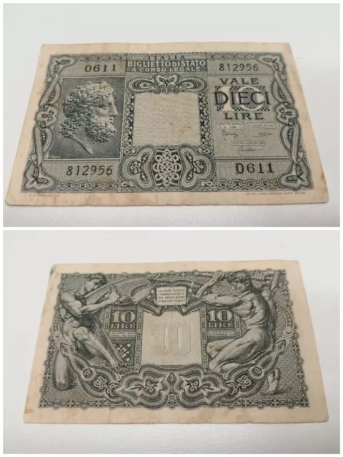 Italia Banconota Da 10 Dieci Lire Biglietto Di Stato Giove 1944 Vintage Epoca