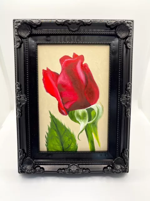 Rote Rose Original Ölgemälde Limette - GERAHMT Realismus Stillleben Kunst Verkauf