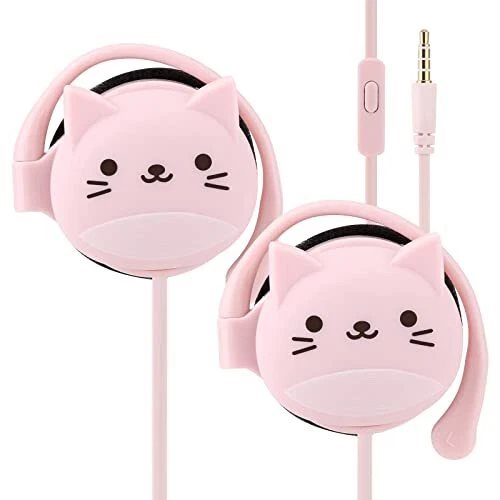 Cat Earbuds with Ear Hooks - Pink (Microphone & Ear Loops)