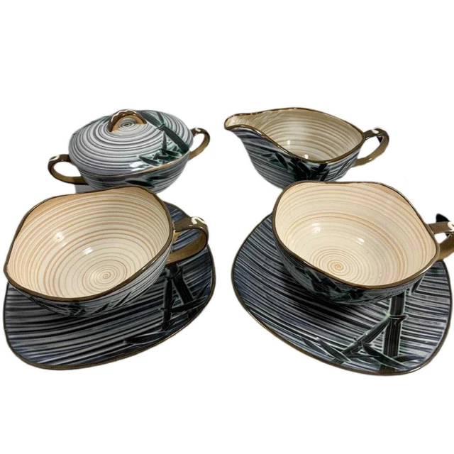 Vintage Japan China Bamboo Set Of TWO Cups and Saucers, Creamer, And Sugar Bowl