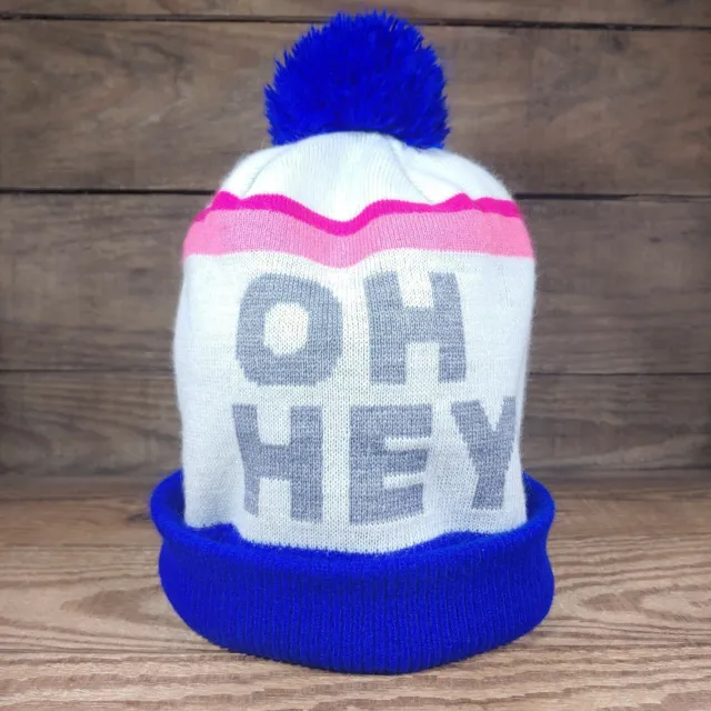 American Eagle Outfitters "Oh Hey" Pom Pom Winter Beanie Hat Blue White Pink