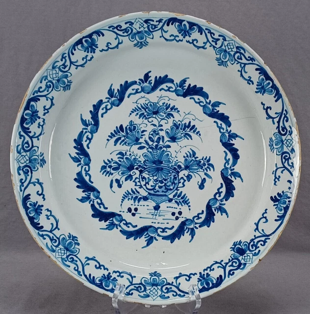 18th Century Dutch Delft Hand Painted Blue Floral Vase 12 5/8 Inch Charger C1740