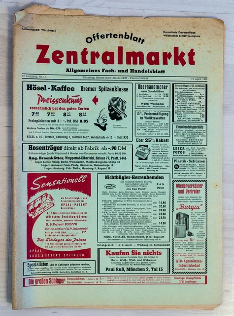Offertenblatt Zentralmarkt 12 April 1958 Fach und Handelsblatt