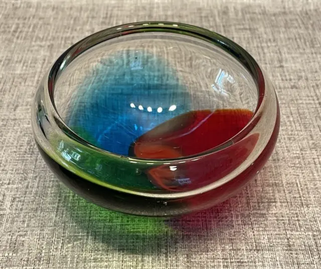 Vintage Murano Art-Glass Bowl, Blue, Green, Red, Hand-Blown, Mid-Century