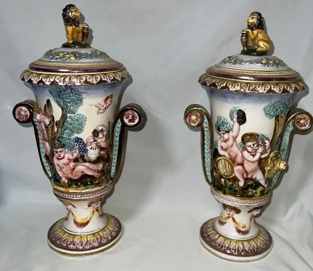 Pair Painted Porcelain Urns w/ Lids Capodimonte Style Signed Italy Cherub Lion
