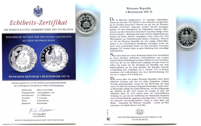 Silbermedaille "Weimar - 2 Reichsmark 1927D" in Kapsel mit Zertifikat