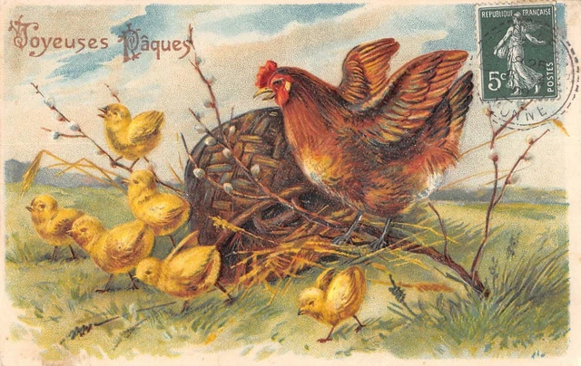 Coq,Poule et Poussins pour Pâques.CPA non postée