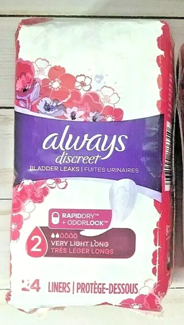 Always Discreet Very Light Long Liners Bladder Leaks Pads 24 cnt New