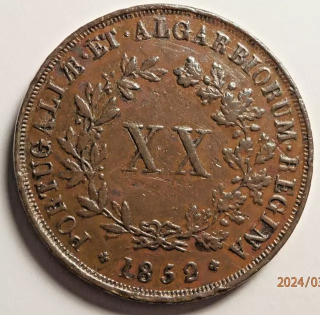 1852 PORTUGAL 20 REIS COPPER COIN  37mm S-918