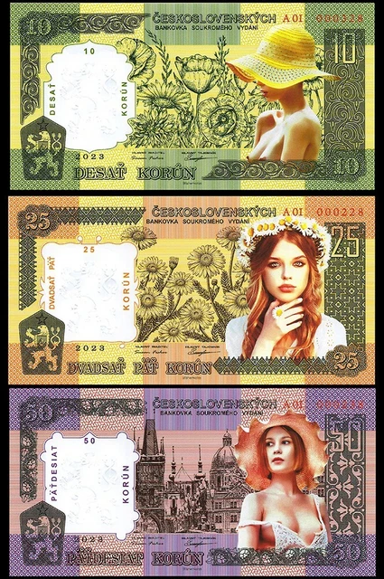 LOT of 3 pcs Czech Republic 10 25 50  Korun 2023 year Czechoslovakia POLYMER UNC