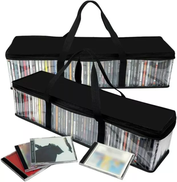 2 Pack CD Storage Bags Transparent Media Storage Carrying Bag with Handles Black