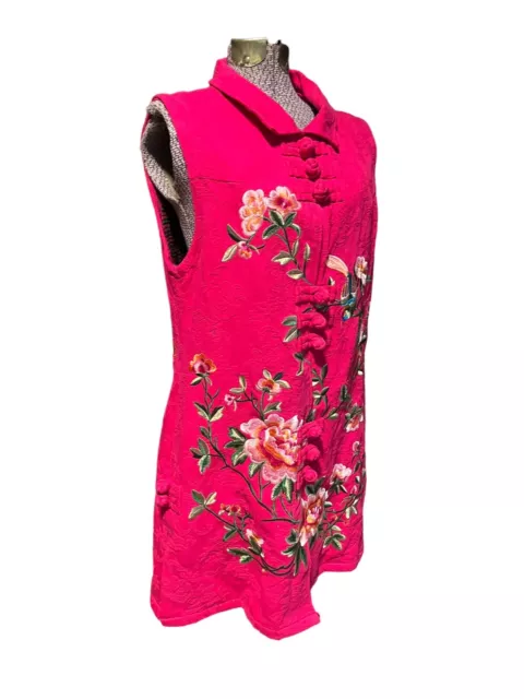 Embroidery Qipao  Chinese Mid Long  Vest Party Dress Pink Floral Bird Waistcoat
