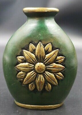 Mid Century Cast Bronze Vase Painted Green Floral Sunflower Boho Signed F Lopez