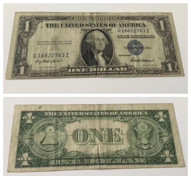 VINTAGE one DOLLAR 1935-F SILVER CERTIFICATE BILL PRIEST ANDERSON BLUE SEAL
