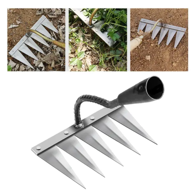 Iron Gardening Hoe Weeding Rake Harrow Tool 5 Tooth Steel