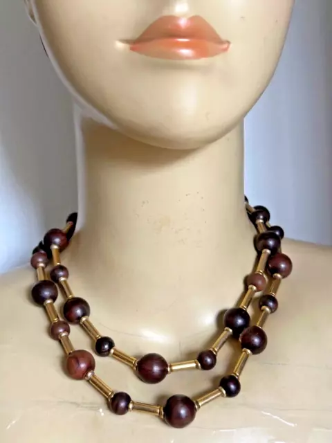 Unusual Vintage 1970s French Necklace - Wood beads with Brass Tube beads - 36"