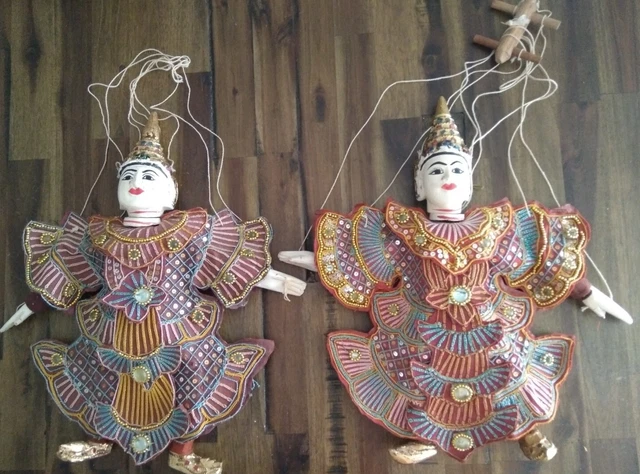 2- Vintage Hand Carved Wood Marionette Puppet Primitive Japanese Unique and
