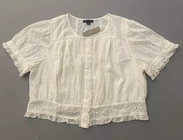 J. Crew White Button Front Eyelet Short Puff Sleeve Crop Top 100% Cotton XL NWT