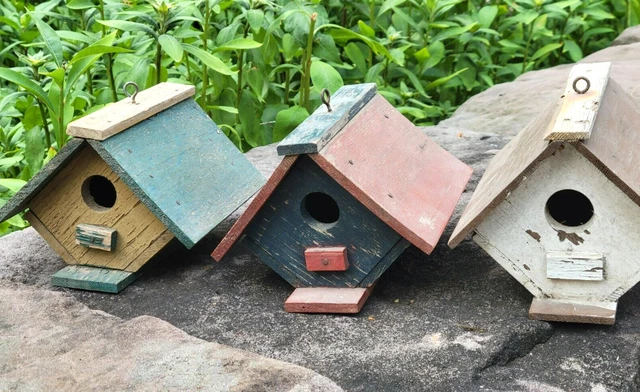3 vintage Small Wood BIRD HOUSE Wren Folk Art Deco Mid Century Old Paint