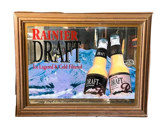Vintage Rainier Draft Beer Bar Mirror Wood Frame 26.75”x20.75”