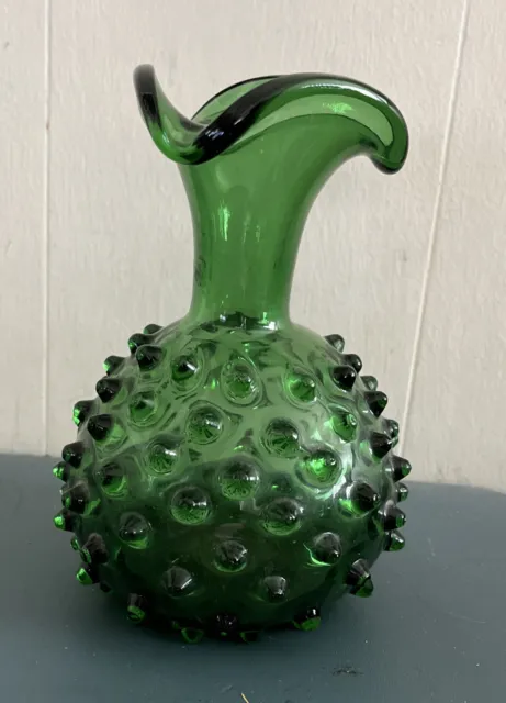 Vtg MCM Empoli Green Emerald Verde Art Glass Ruffled Edge Vase Hobnail Italy