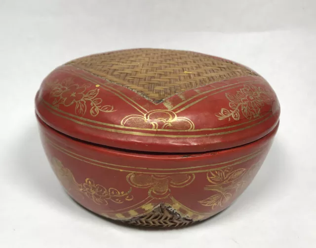 Vintage Chinese Basket Box Paper Mache Hand Painted Lacquered Bamboo China