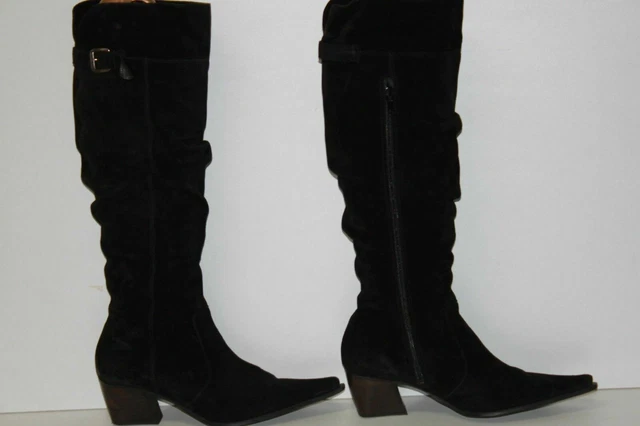SAN MARINA Bottes Pointues Daim Plissé Noir Doublées Cuir T 37 TBE