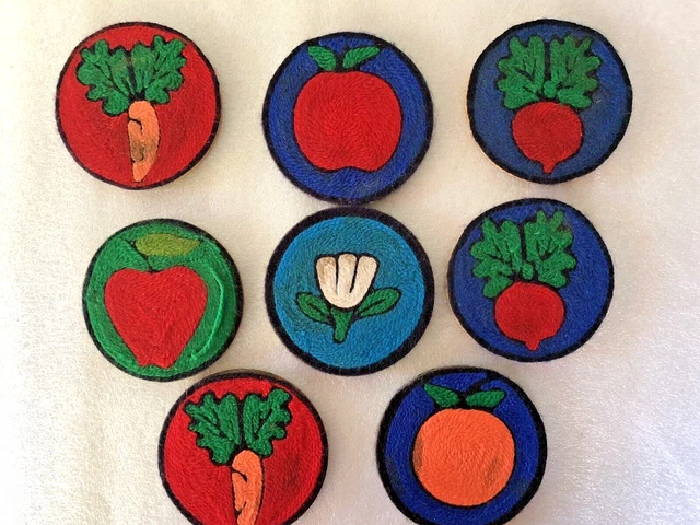 Lot of 8 Vintage Mexican Huichol Indian Folk Art Yarn Coasters Handmade w Damage
