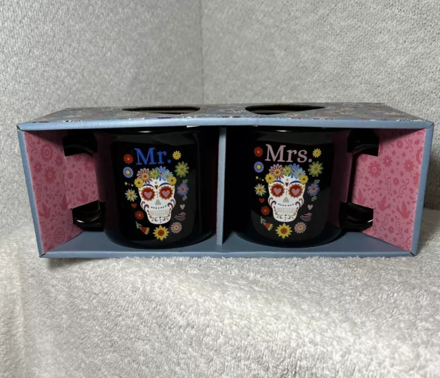 Mhi Ceramic Mrs. & Mr. Sugar Skull Mug Set of 2 Boxed 16oz Mugs His & Hers Mugs