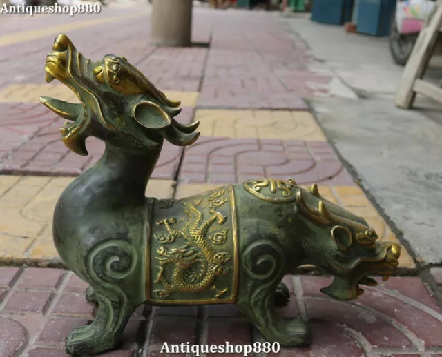 11" Old Bronze Gilt Fengshui Double Head Dragon Pixiu Brave troops Beast Statue