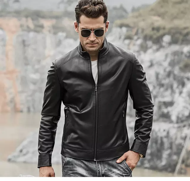 Giacca da uomo nera Biker slim fit Cafe Racer moto vera pelle di pecora