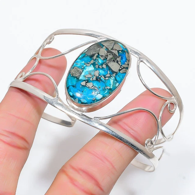 Turquoise In Pyrite Gemstone 925 Sterling Silver Cuff Bangle Adjustable d050