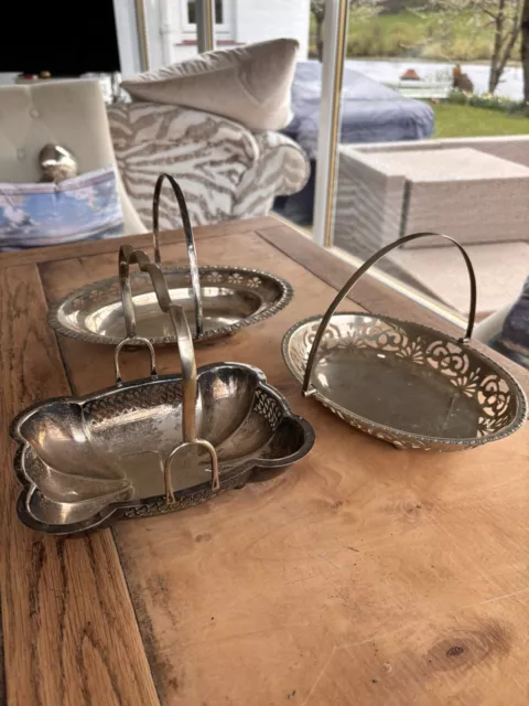 Antique Silver Plate Pierced Basket Tray x3 Swing Handle