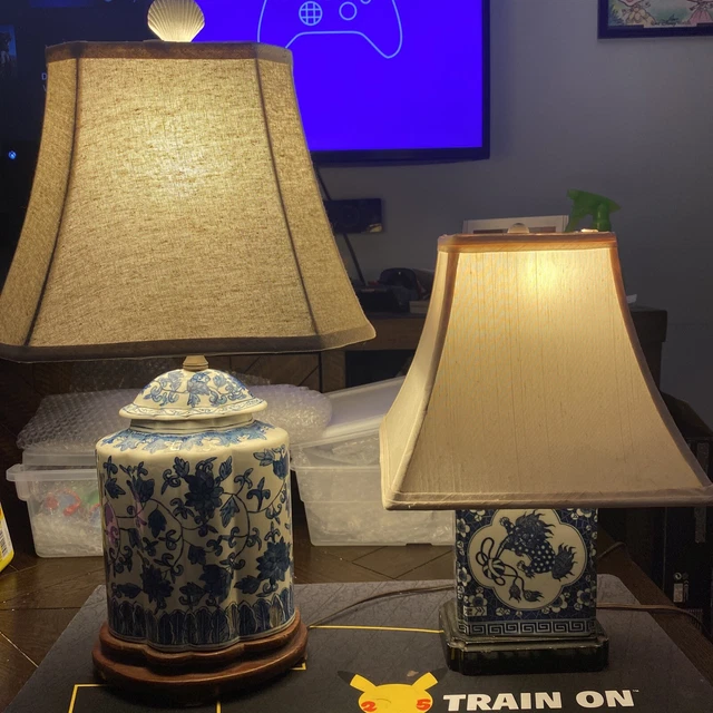 Rare Frederick Cooper Blue Porcelain Lion Dog Tea And Caddy Ginger JarLamp 2 Set