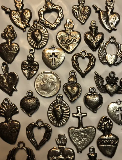 25 Milagro HEART Charms Mix Mexican Folk Art Dark Antique SILVER All HEARTS