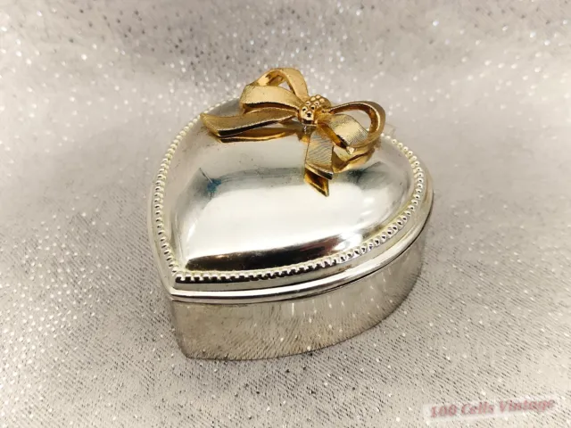 Heart with Ribbon Silver Tone Metal Vintage-Jewellery/Trinket/Pill Box-8cm