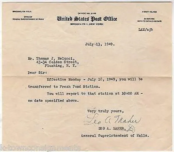Leo Maher Superintendent of Mails Autograph Signed Usps Post Office Letter 1949