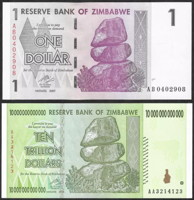 Zimbabwe 1 and 10 Trillion Dollar Genuine Authentic Banknote circulated used