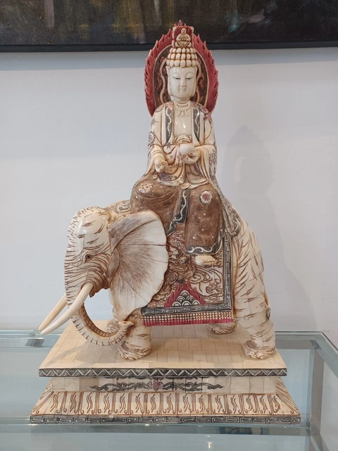 Rare Oriental Antique Hand Carved Bone Asian Sculpture Goddess on Elephant