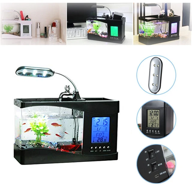 Mini USB Fish Tank LCD Desktop Lamp Light Fish Tank Aquarium LED Calendar Clock