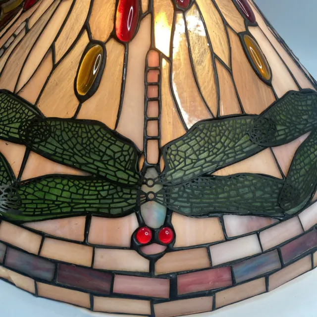 Vintage Tiffany Style Dragonfly Hanging Lamp Stained Glass Light  21” By 20”