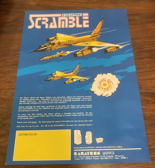 RARE VINTAGE ARCADE MACHINE  FLYER – SCRAMBLE – GAME, KARATECO, Japan, 1981.